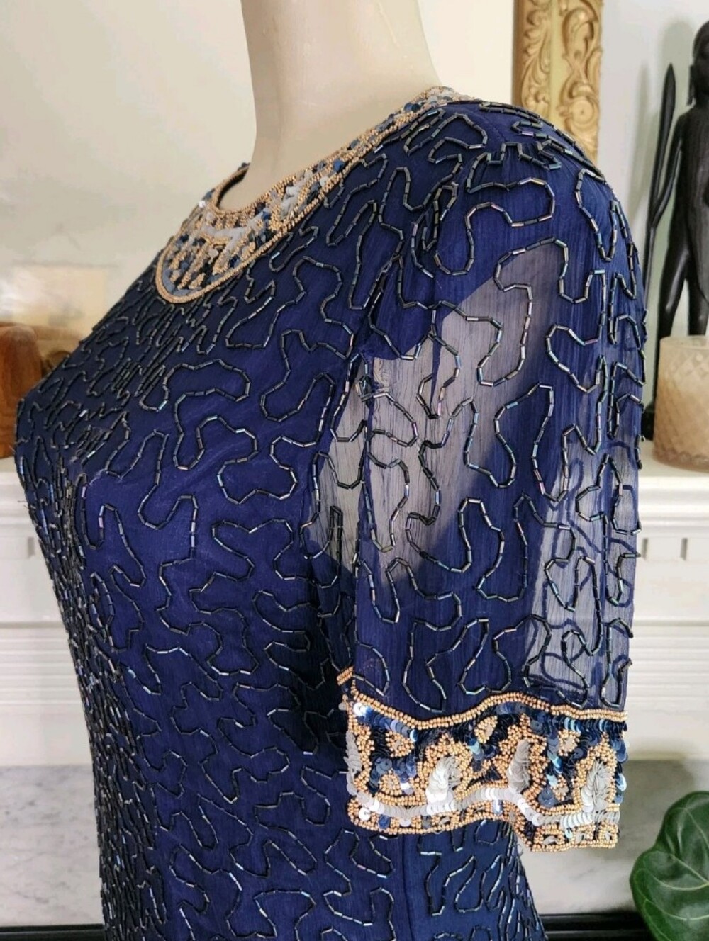 Vintage 80S Laurence Kazar Blue Beaded Silk Dress Sz M Sequin Sheer Art Deco - Picture 7 of 9